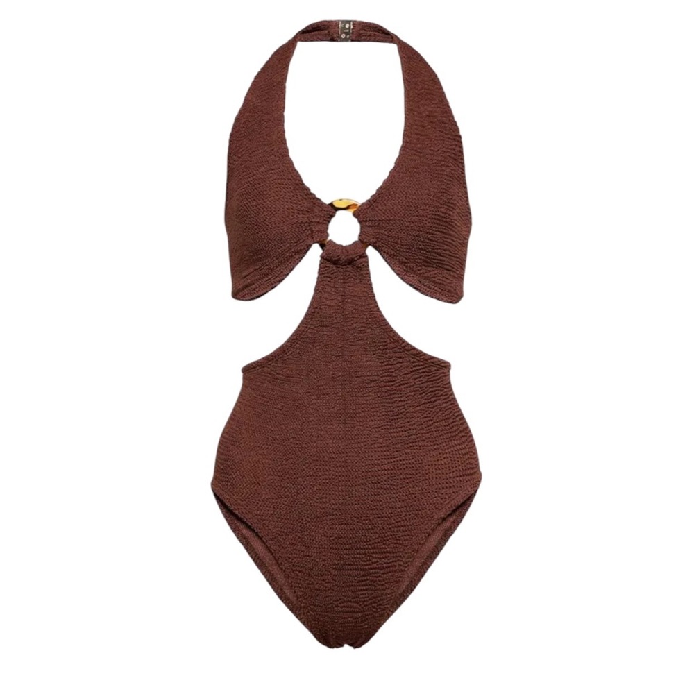Hunza G Ursula Halter One Piece Swimsuit Brown Crinkle Cutout Monokini One Size - Picture 4 of 14